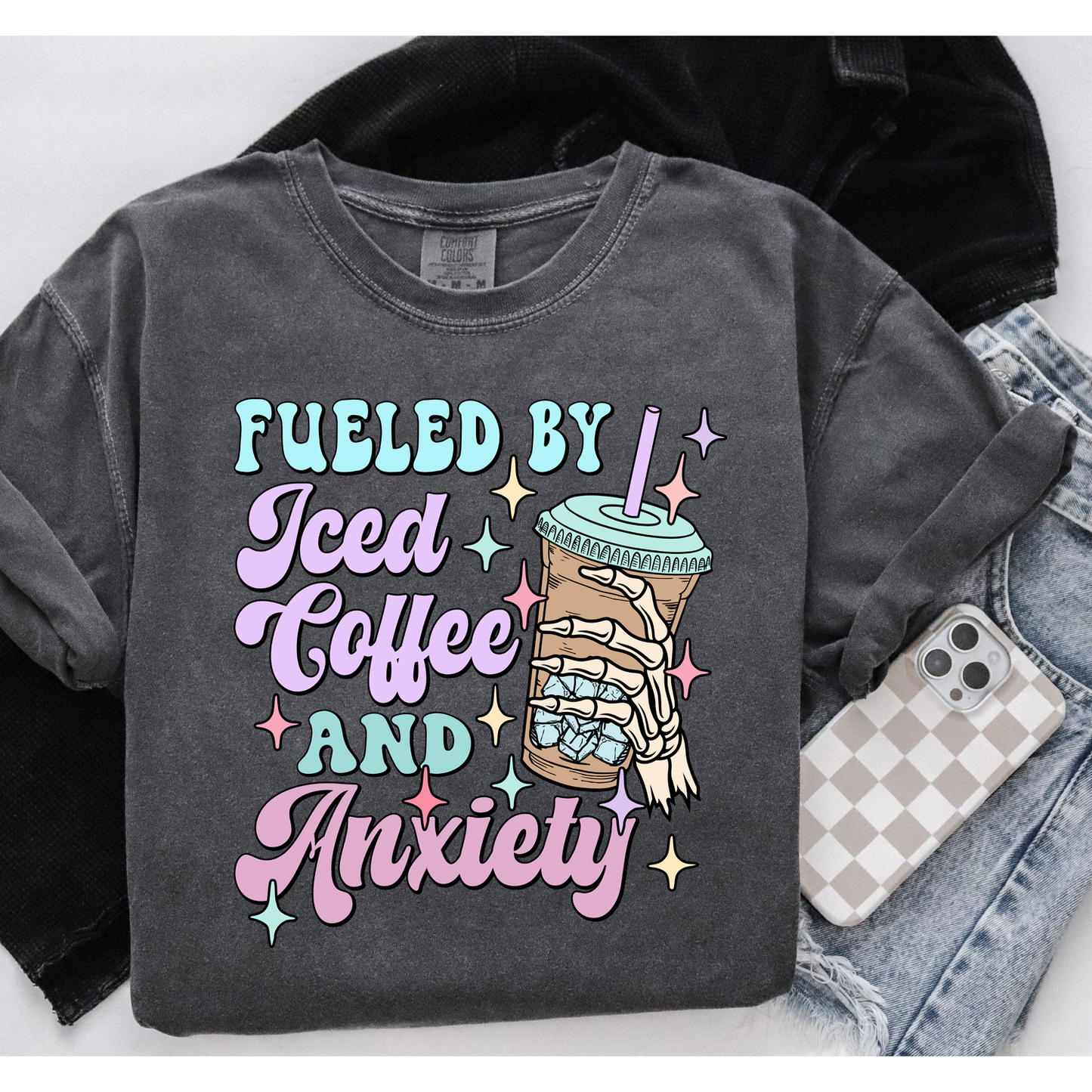 Fueled By Iced Coffee and Anxiety Grey Comfort Colors T-Shirt